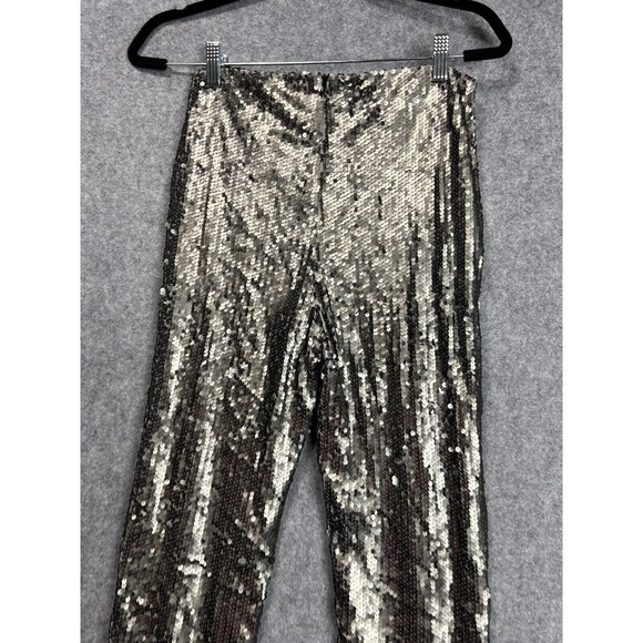 Revolve Pants Women Silver Black Back Zip Pull On Sequin Wide Leg - Picture 9 of 11